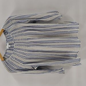 J. Jill Top Medium Peasant 3/4 Sleeve Smocked Neck Gauze Blue Stripe
